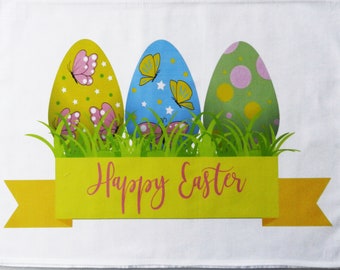 Happy Easter - Colourful Easter Egg design Large Cotton Tea Towel