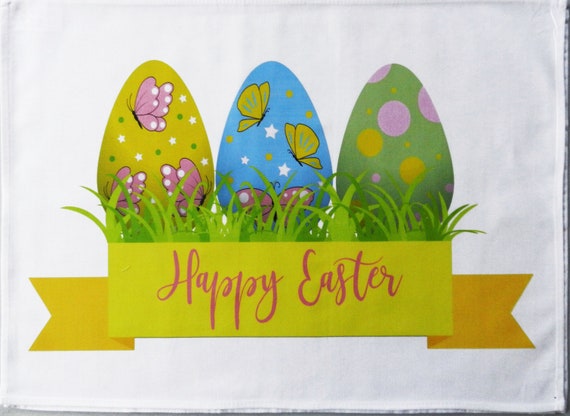 Happy Easter - Colourful Easter Egg design Large Cotton Tea Towel