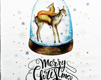 Merry Christmas Fox and Reindeer Snowglobe - Large Tea Towel