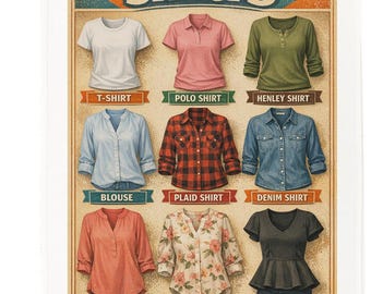 Types of Ladies Shirts Cotton Tea Towel – Illustrated Clothing Guide Kitchen Towel
