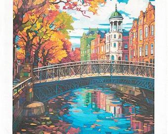 Colourful Dublin in Autumn large cotton tea towel