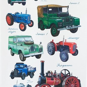 May include: A watercolour illustration featuring a collection of classic vehicles. The image includes a green Austin van, blue and green Land Rovers, and tractors. Text includes "Fordson Major", "Series 2", "Massey", and "Ferguson".