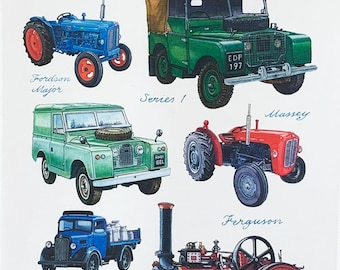 Classic Country Vehicles Large Cotton Tea Towel