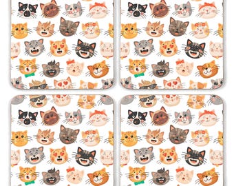 Cat Head Drink Coasters, Cork, Square, 9.5 x 9.5 Centimetres, Set of 4, Wipe Clean