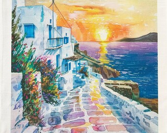 Sunset on Mykonos large cotton tea towel