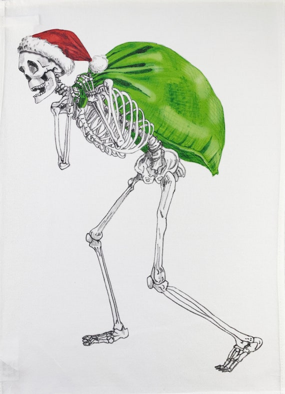 From the Skullery. Skeleton Santa with gifts Large Cotton Tea Towel