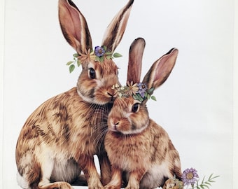 A Pair of Rabbits large cotton tea towel