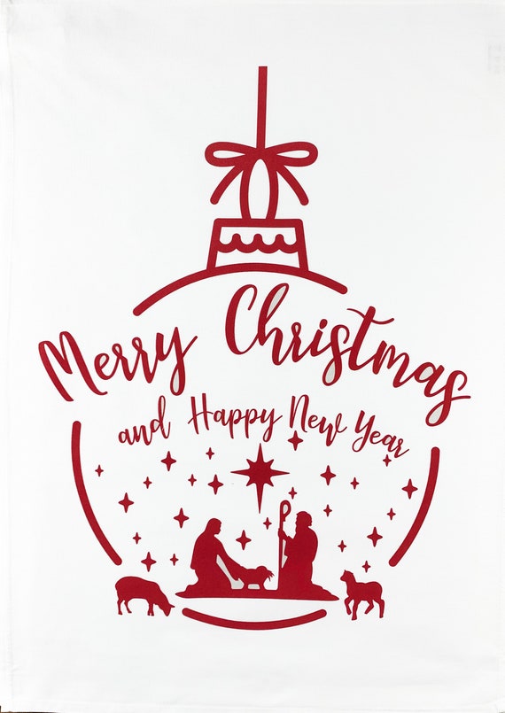 Merry Christmas Nativity Scene in a Bauble Large Cotton Tea Towel