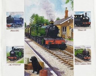 Hand Drawn Classic Steam Trains Large Cotton Tea Towel