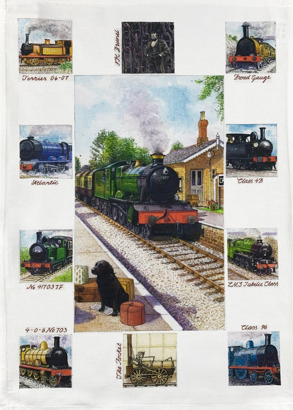 Hand Drawn Classic Steam Trains Large Cotton Tea Towel