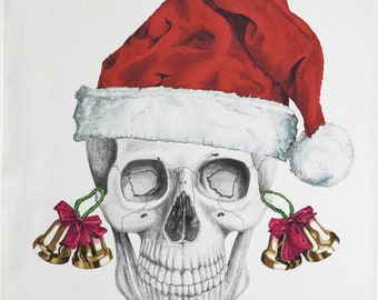 From the Skullery. Festive Skull with Santa Hat and Dangly Earrings Large Cotton Tea Towel