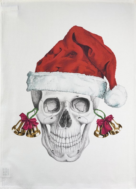 From the Skullery. Festive Skull with Santa Hat and Dangly Earrings Large Cotton Tea Towel