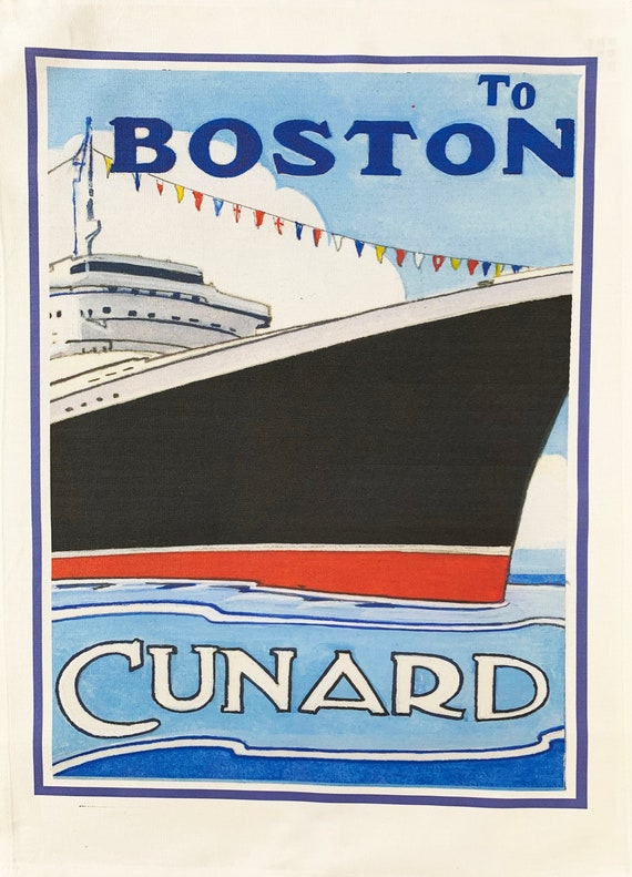 Cunard To Boston Tea Towel: Retro Ship Cotton Kitchen Decor