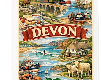 Devon Illustrated Cotton Tea Towel – Coastal & Countryside Landmarks