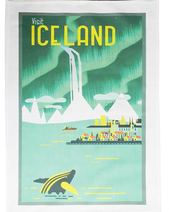 Visit Iceland- Retro Style Travel Poster Large Cotton Tea Towel