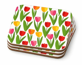 Tulip Floral Cork Drink Coasters, Square, 9.5 x 9.5 Centimetres, Set of 4