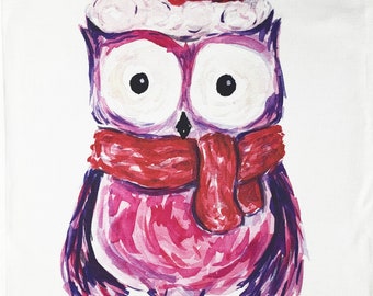 The Hand drawn Christmas Owl Large Cotton Tea Towel
