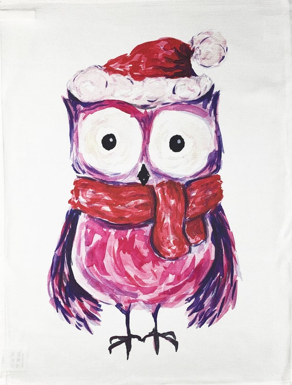 The Hand drawn Christmas Owl Large Cotton Tea Towel