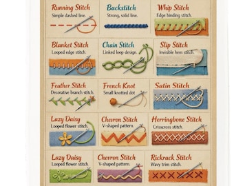Types of Stitches Cotton Tea Towel – Illustrated Sewing Guide Kitchen Towel