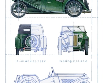 Classic Car Cotton Tea Towel, White, Printed Illustration, 67 x 45cm