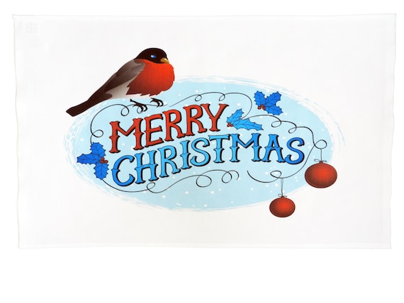 Merry Christmas Robin Design Large Cotton Tea Towel
