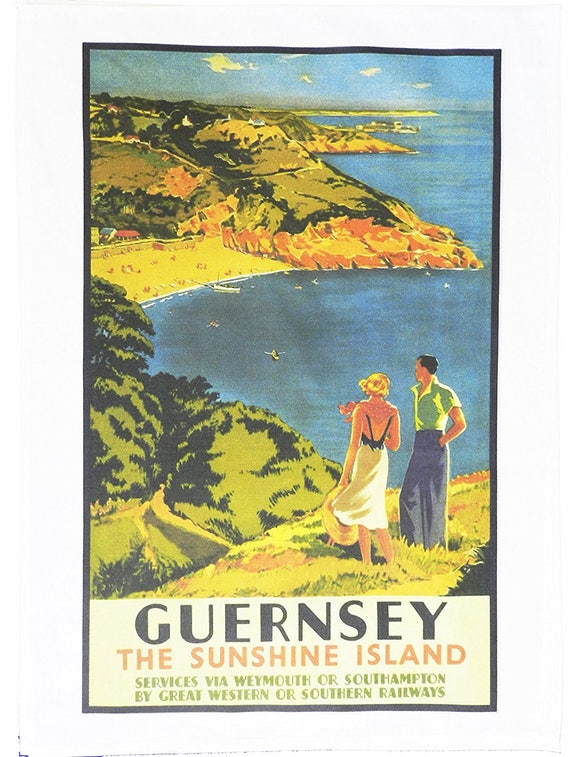 Guernsey, Channel Islands - Retro Style Travel Poster Large Cotton Tea Towel