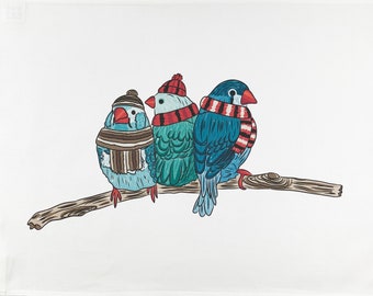 The Trio of Colourful Winter Birds - Large Cotton Tea Towel