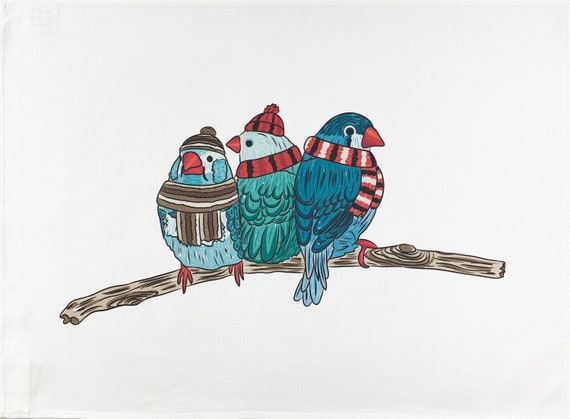 The Trio of Colourful Winter Birds - Large Cotton Tea Towel