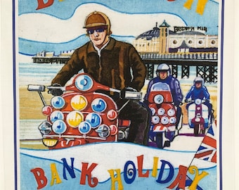 Brighton on a Scooter Retro Style Large Cotton Tea Towel