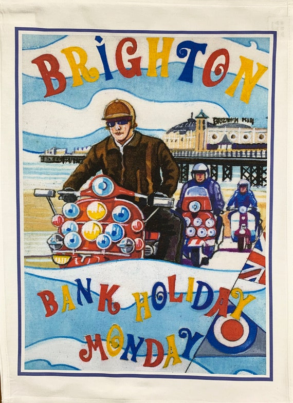 Brighton on a Scooter Retro Style Large Cotton Tea Towel