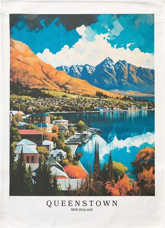 Queenstown New Zealand large cotton tea towel