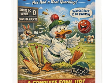 Funny Cricket Tea Towel – Out for a Duck Cartoon Design