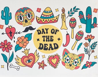 Colourful Day of the Dead - Unbleached Natural Cotton Tea Towel