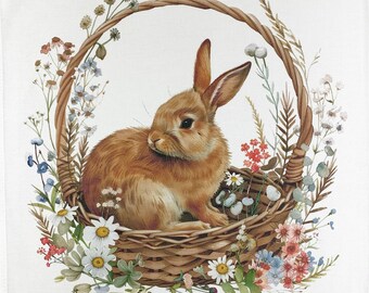 Bunny  in a basket large cotton tea towel