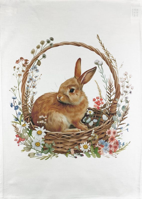 Bunny  in a basket large cotton tea towel