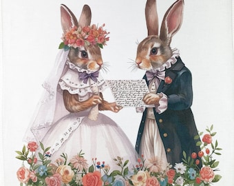 Mr & Mrs Rabbits Wedding Day large cotton tea towel