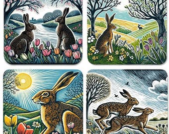 Spring Hares  Cork Drinks Coasters, Set of 4, Square, 9.5 x 9.5 Centimetres, Wipe Clean