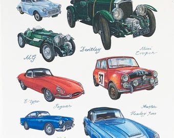 Classic Cars Large Cotton Tea Towel