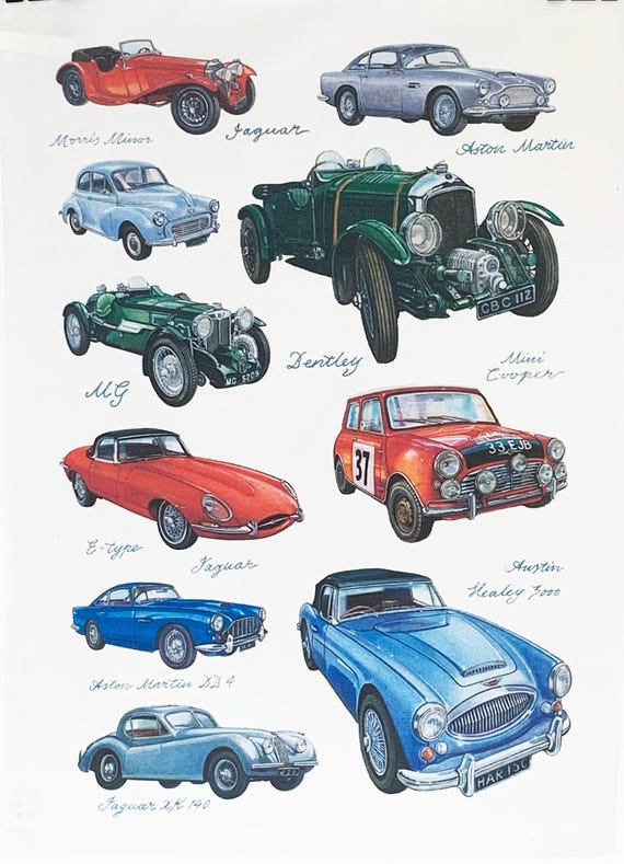 Classic Cars Large Cotton Tea Towel