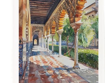 Seville Spain Cotton Tea Towel – Real Alcázar Architecture Watercolour Design