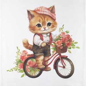 May include: Watercolor illustration of a ginger kitten riding a red bicycle with a basket of pink flowers. The kitten wears a red and white plaid cap, white shirt, brown shorts, and red suspenders. The bicycle has dark brown tires.