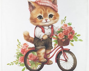 Fluffy kitten on a bike large cotton tea towel