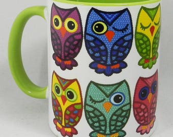 The Set of Colourful Motley Owls Mug with green glazed handle and inner