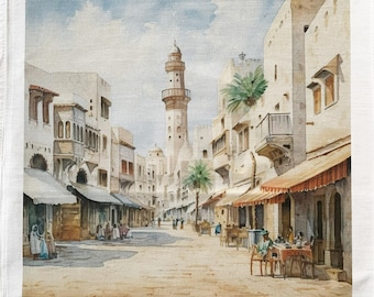 Marrakech street scene large cotton tea towel