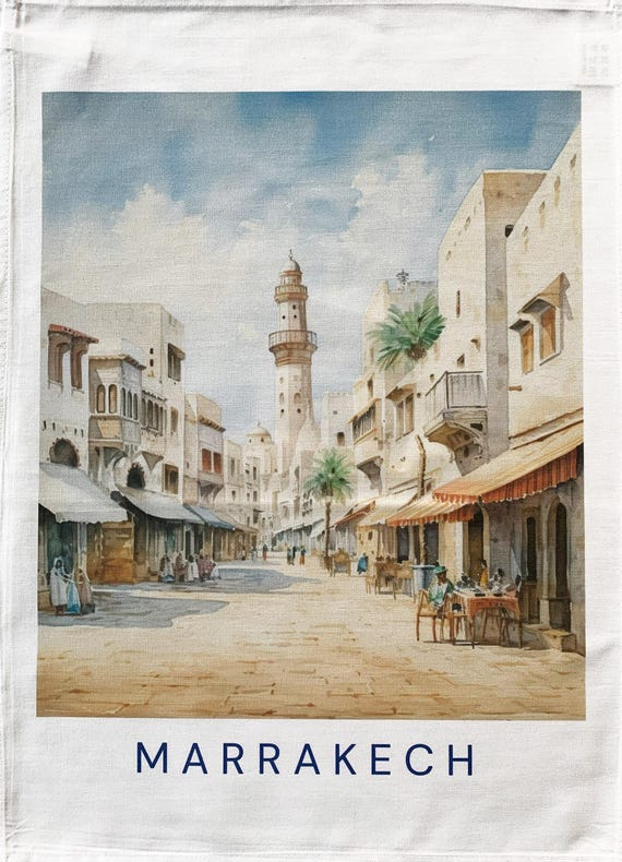 Marrakech street scene large cotton tea towel
