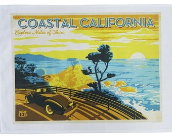 Coastal California Route 101 - Retro Style Travel Poster Large Cotton Tea Towel by Half a Donkey