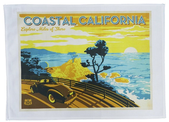 Coastal California Route 101 Cotton Tea Towel: Retro Travel Poster