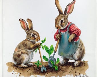 The Gardening Rabbits large cotton tea towel