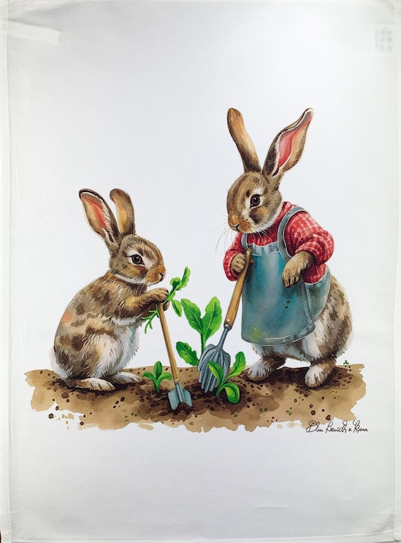 The Gardening Rabbits large cotton tea towel
