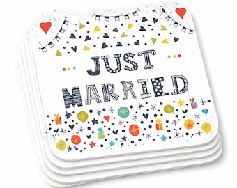 Just Married Drink Coasters, Cork, Square, 9.5 x 9.5 Centimetres, Set of 6, Wipe Clean
